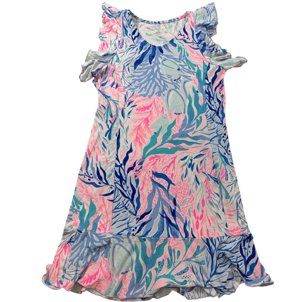 Lilly Pulitzer Girls XL 12-14 Pink Blue Coral Print Ruffle Flounce Dress